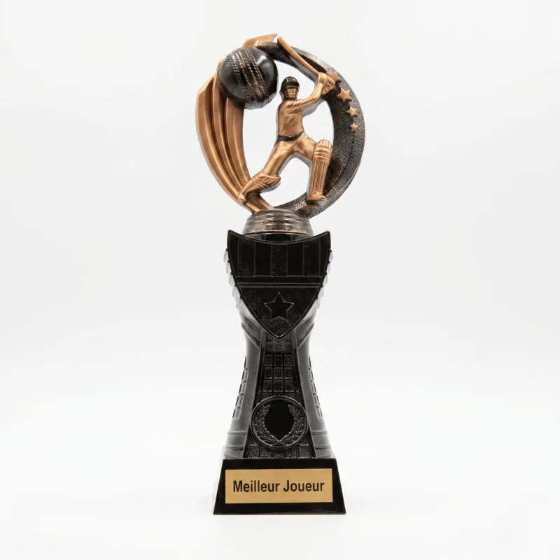 Trophy best player of the tournament  Matel with batsman/Ball status  Black gold color